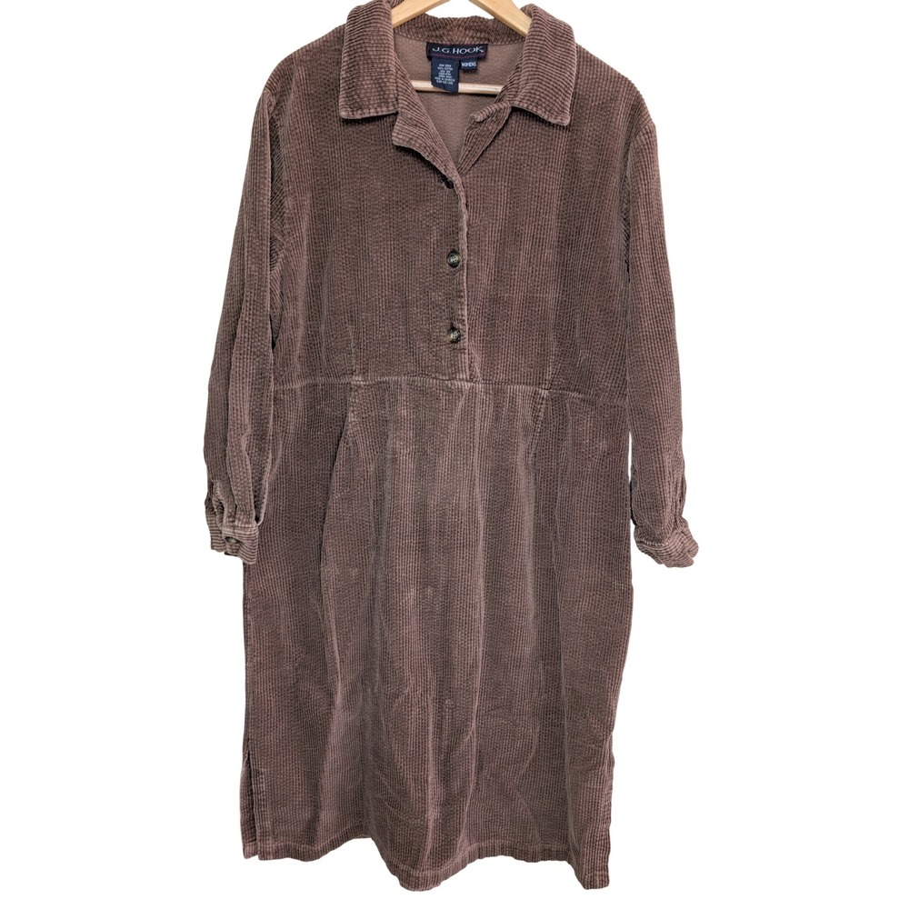JG Hook Vintage Brown Corduroy Dress Womens‎ 18W Long Sleeve Button Front Midi